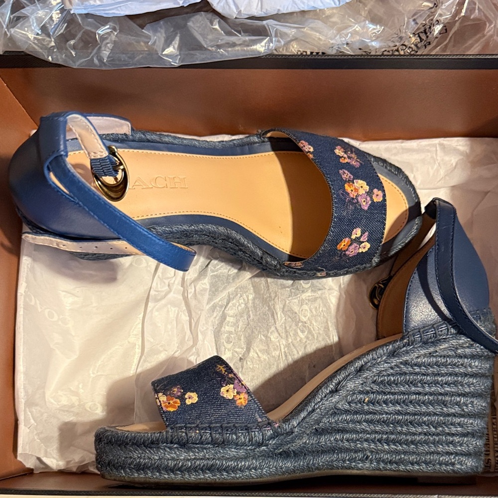 SOLD……………..…Coach Kit Wedge Print Denim